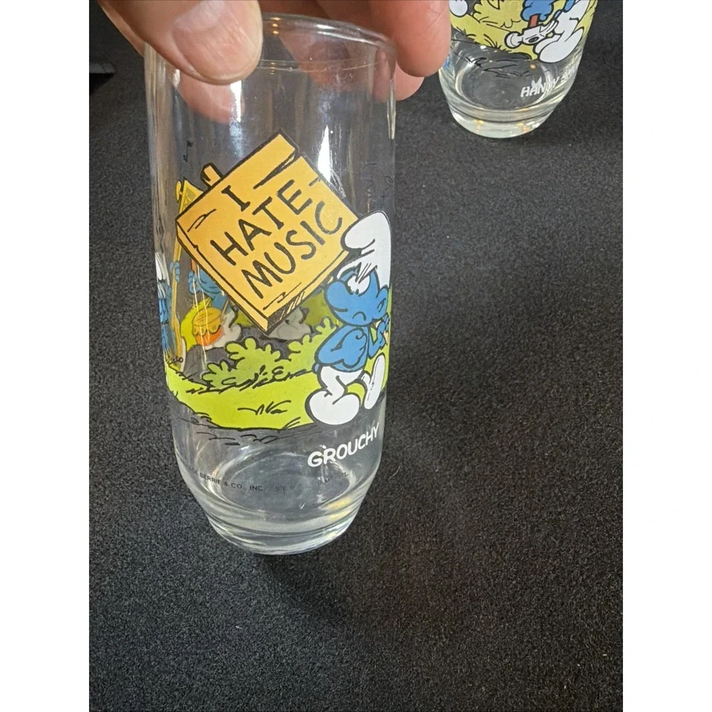 Vintage 1983 Smurfs Glasses Handy Smurf Grouchy Smurf Wallace Berrie‎ Set of 2